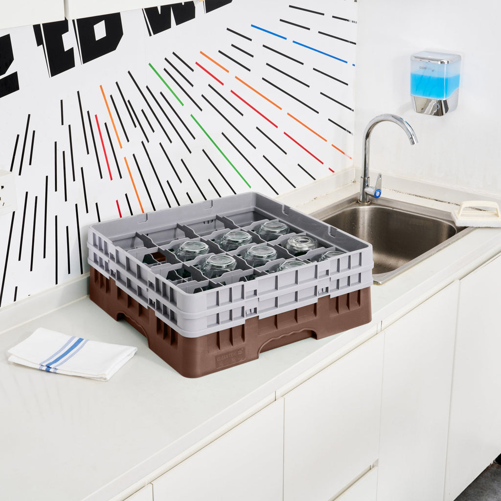 Clean Tek Professional Brown Glass Rack - 16 Compartments, 1 Full Drop and 1 Half Drop Extender - 19 3/4" x 19 3/4" x 7 1/4" - 1 count box