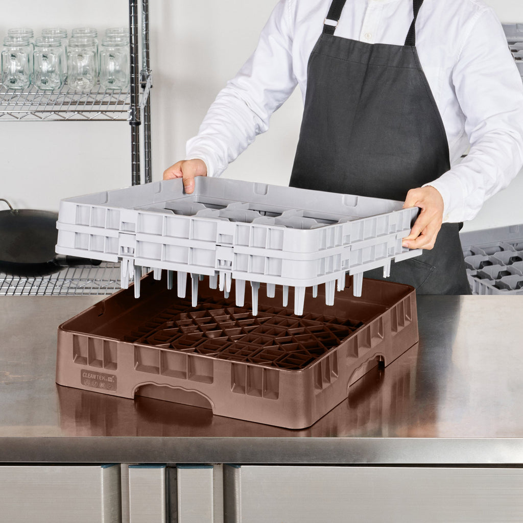 Clean Tek Professional Brown Glass Rack - 16 Compartments, 1 Full Drop and 1 Half Drop Extender - 19 3/4" x 19 3/4" x 7 1/4" - 1 count box