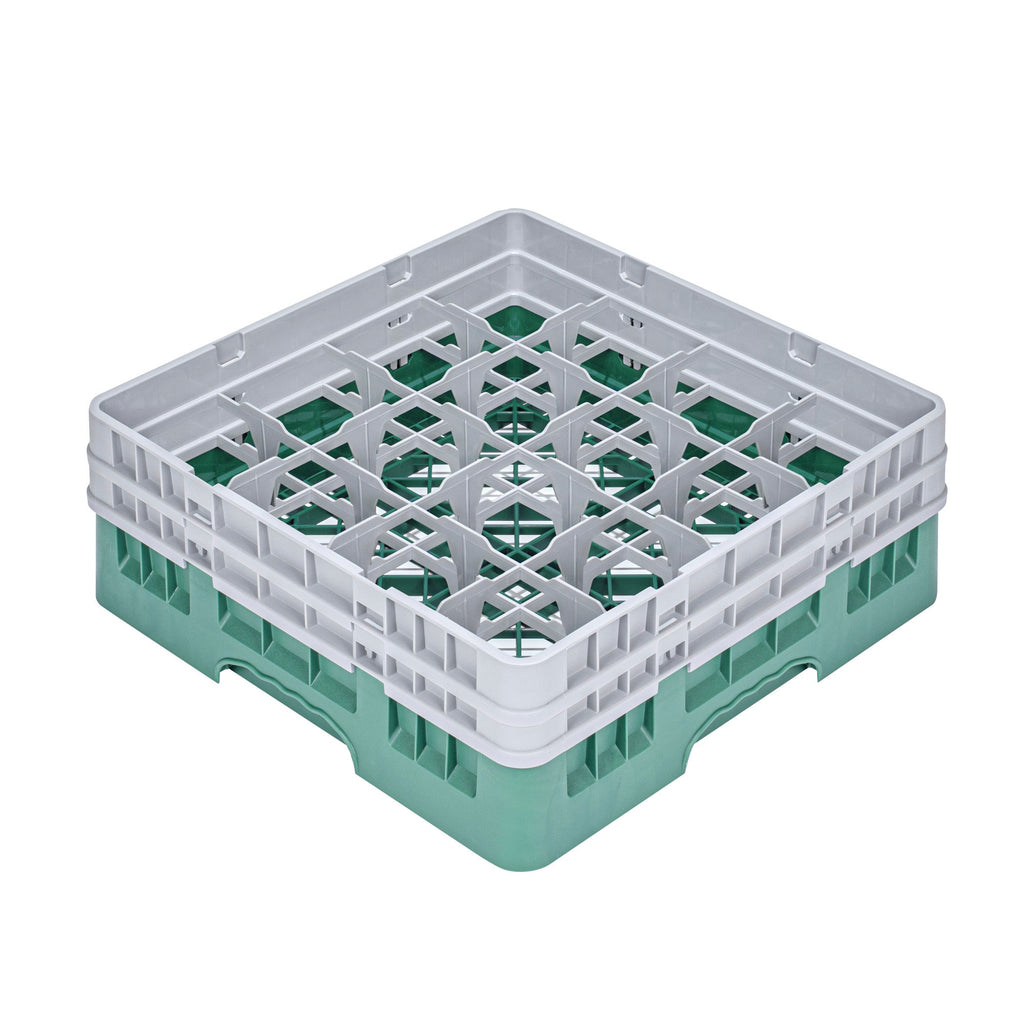 Clean Tek Professional Green Glass Rack - 16 Compartments, 1 Full Drop and 1 Half Drop Extender - 19 3/4" x 19 3/4" x 7 1/4" - 1 count box