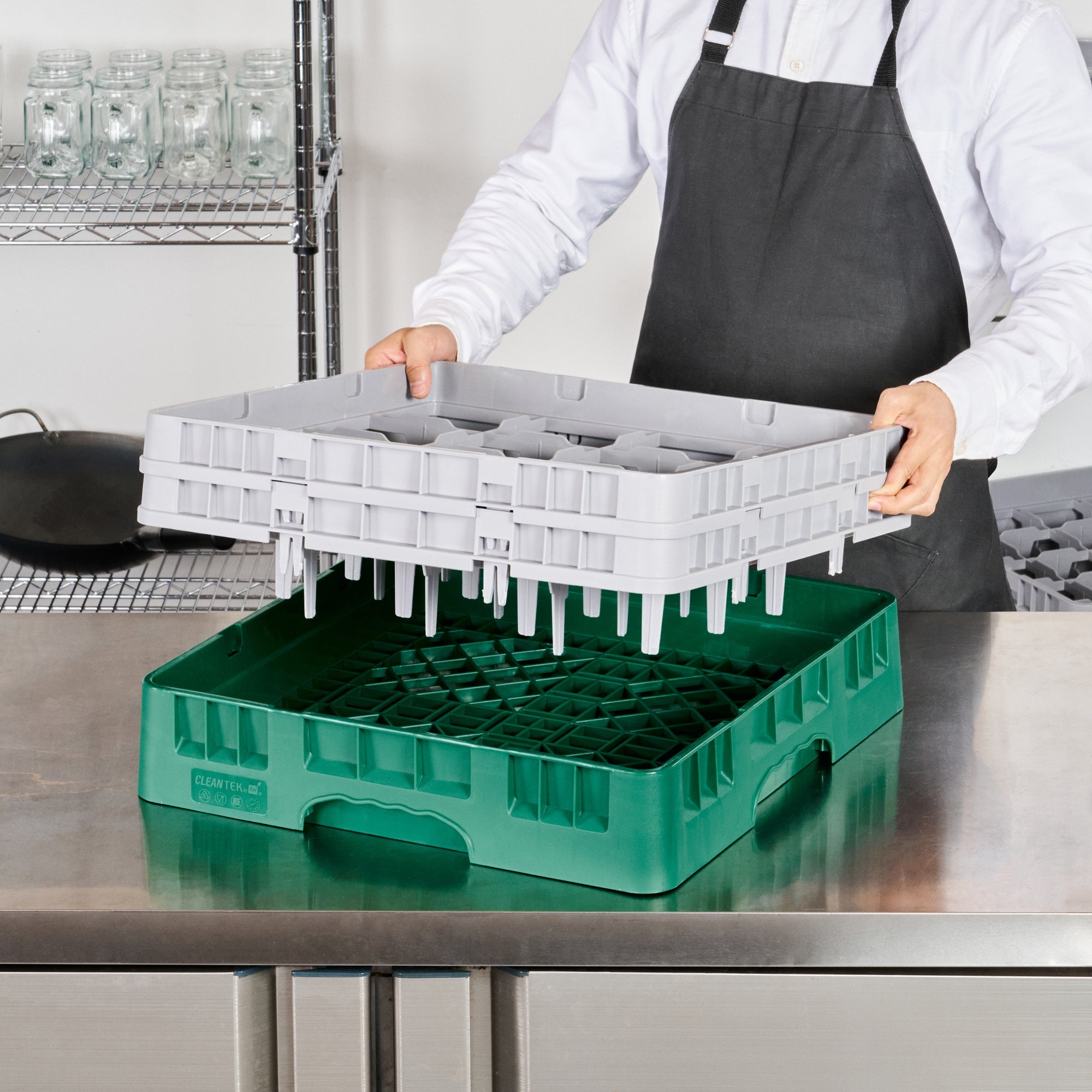 Clean Tek Professional Green Glass Rack - 16 Compartments, 1 Full Drop and 1 Half Drop Extender - 19 3/4" x 19 3/4" x 7 1/4" - 1 count box