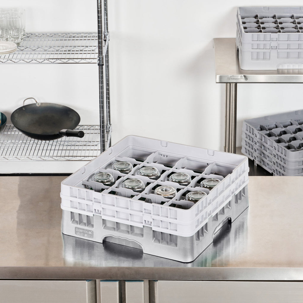 Clean Tek Professional Gray Glass Rack - 16 Compartments, 1 Full Drop and 1 Half Drop Extender - 19 3/4" x 19 3/4" x 7 1/4" - 1 count box