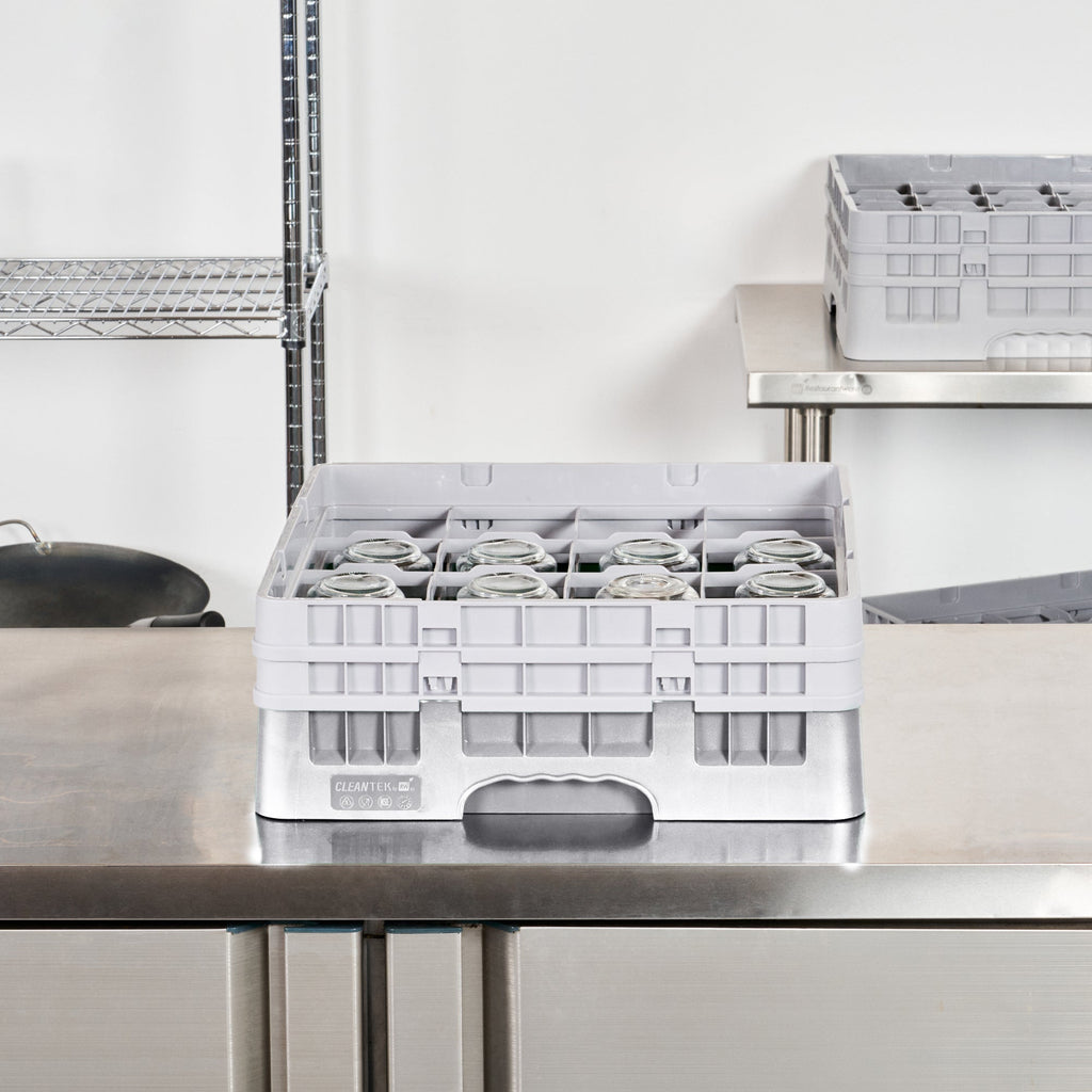 Clean Tek Professional Gray Glass Rack - 16 Compartments, 1 Full Drop and 1 Half Drop Extender - 19 3/4" x 19 3/4" x 7 1/4" - 1 count box