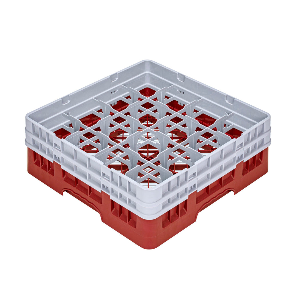 Clean Tek Professional Red Glass Rack - 16 Compartments, 1 Full Drop and 1 Half Drop Extender - 19 3/4" x 19 3/4" x 7 1/4" - 1 count box