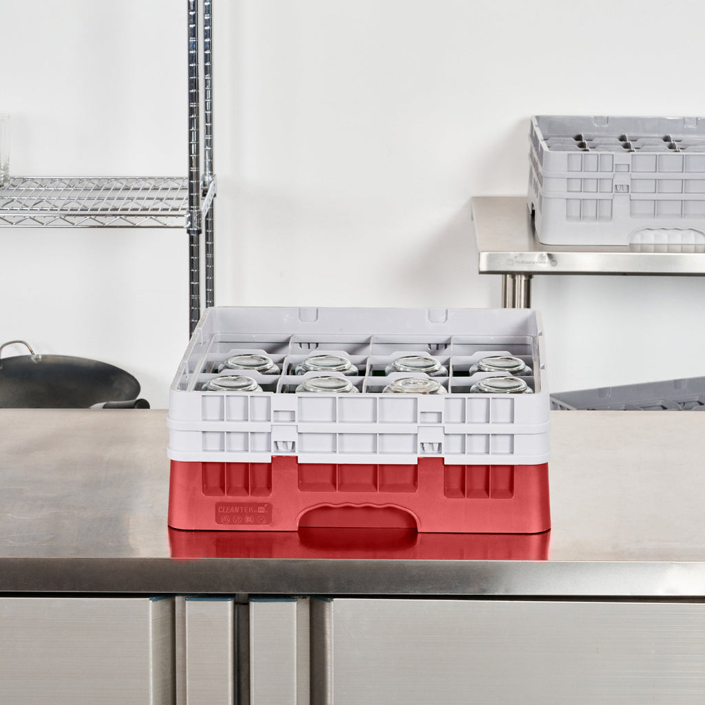 Clean Tek Professional Red Glass Rack - 16 Compartments, 1 Full Drop and 1 Half Drop Extender - 19 3/4" x 19 3/4" x 7 1/4" - 1 count box