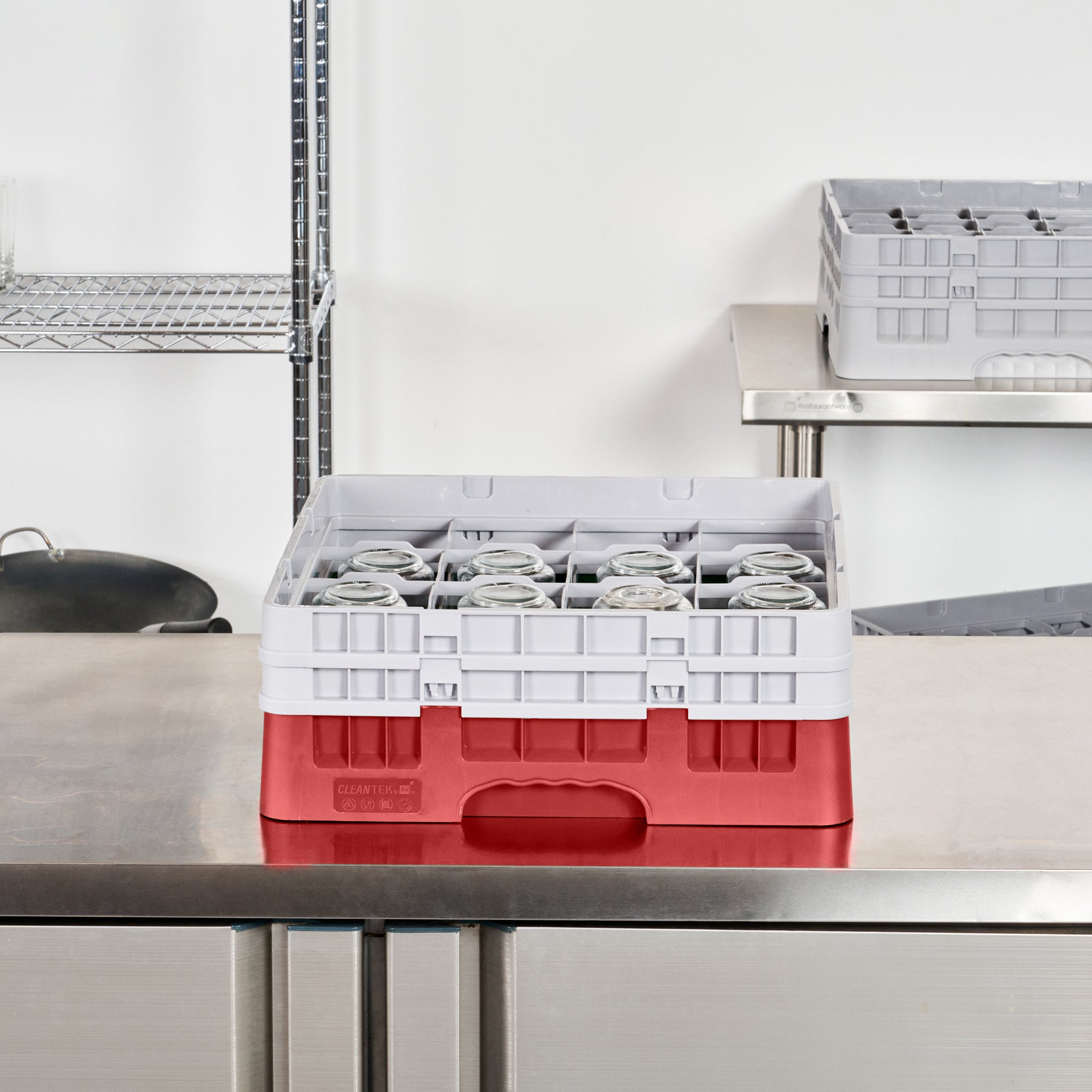 Clean Tek Professional Red Glass Rack - 16 Compartments, 1 Full Drop and 1 Half Drop Extender - 19 3/4" x 19 3/4" x 7 1/4" - 1 count box