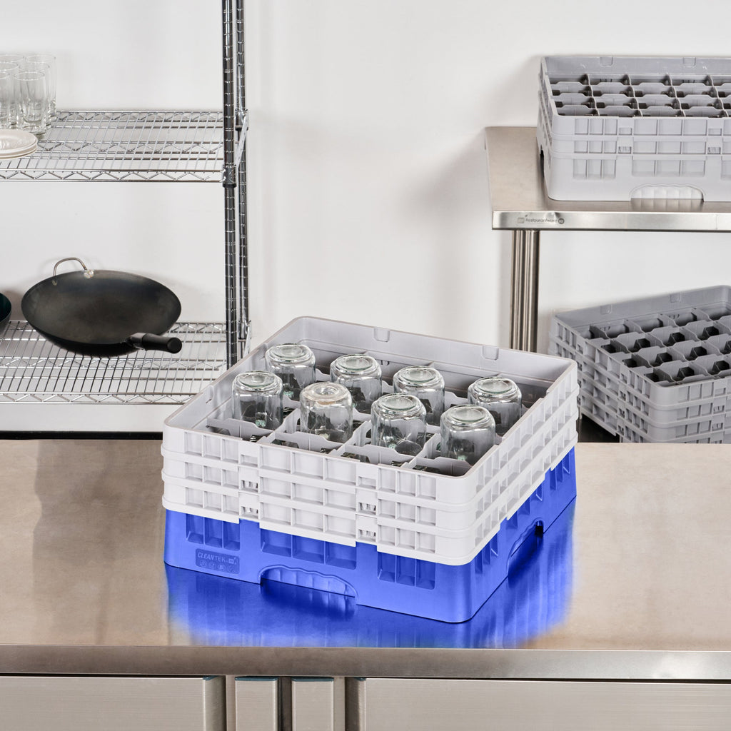 Clean Tek Professional Blue Glass Rack - 16 Compartments, 1 Full Drop and 2 Half Drop Extenders - 19 3/4" x 19 3/4" x 8 3/4" - 1 count box