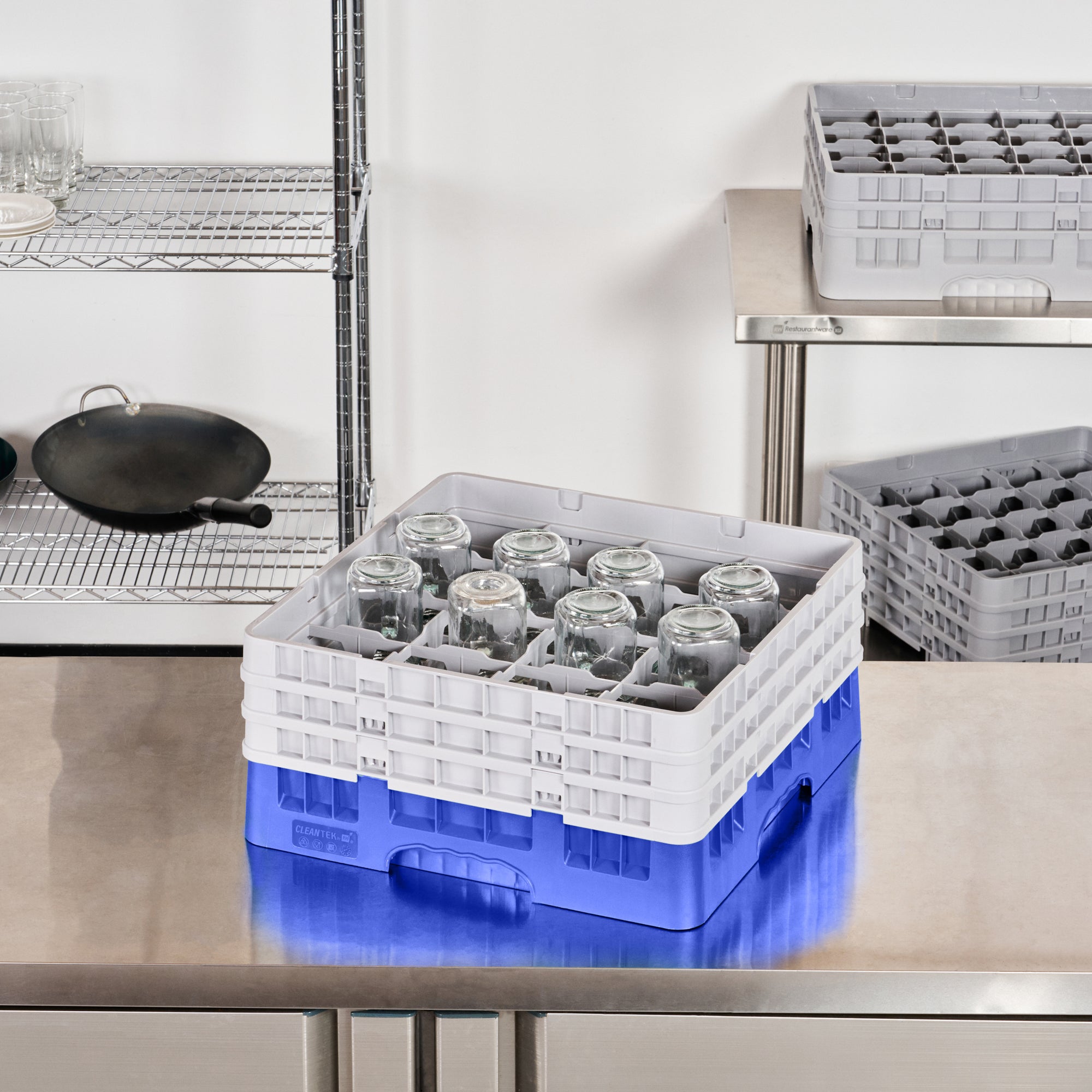 Clean Tek Professional Blue Glass Rack - 16 Compartments, 1 Full Drop and 2 Half Drop Extenders - 19 3/4" x 19 3/4" x 8 3/4" - 1 count box