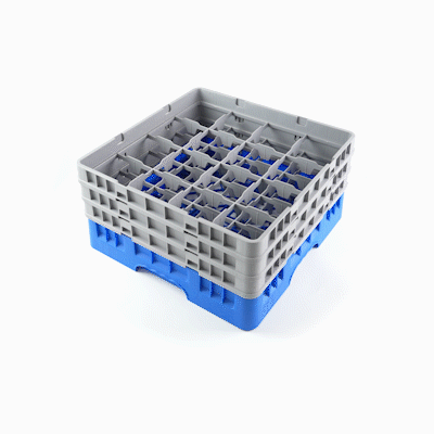 Clean Tek Professional Blue Glass Rack - 16 Compartments, 1 Full Drop and 2 Half Drop Extenders - 19 3/4" x 19 3/4" x 8 3/4" - 1 count box