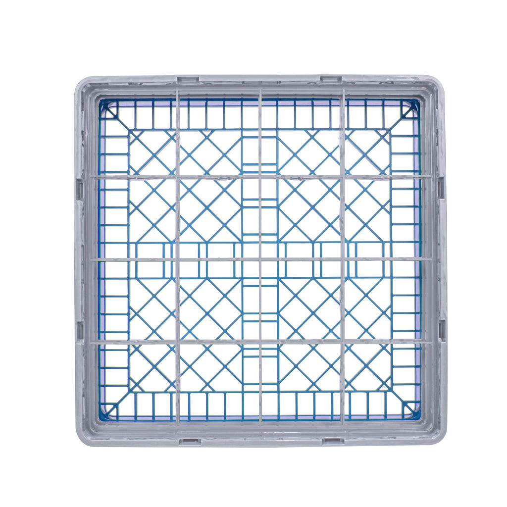 Clean Tek Professional Blue Glass Rack - 16 Compartments, 1 Full Drop and 2 Half Drop Extenders - 19 3/4" x 19 3/4" x 8 3/4" - 1 count box