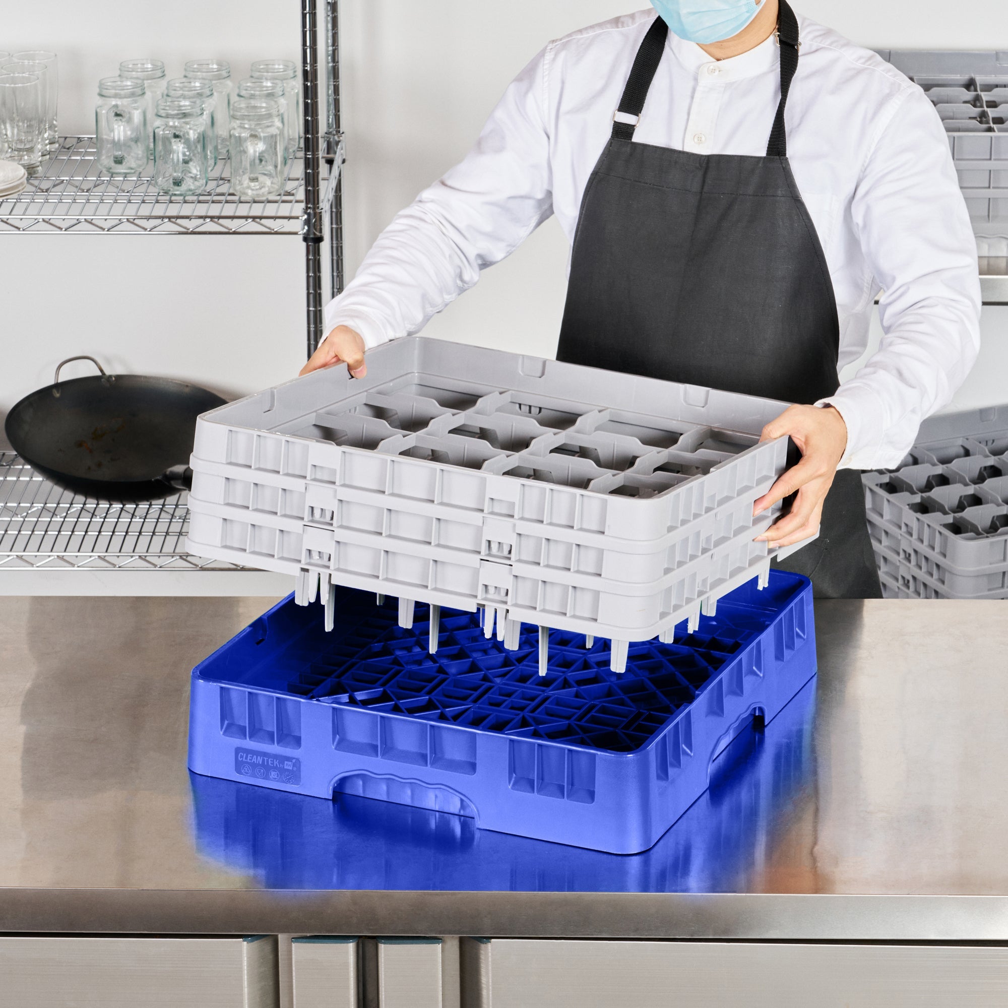 Clean Tek Professional Blue Glass Rack - 16 Compartments, 1 Full Drop and 2 Half Drop Extenders - 19 3/4" x 19 3/4" x 8 3/4" - 1 count box