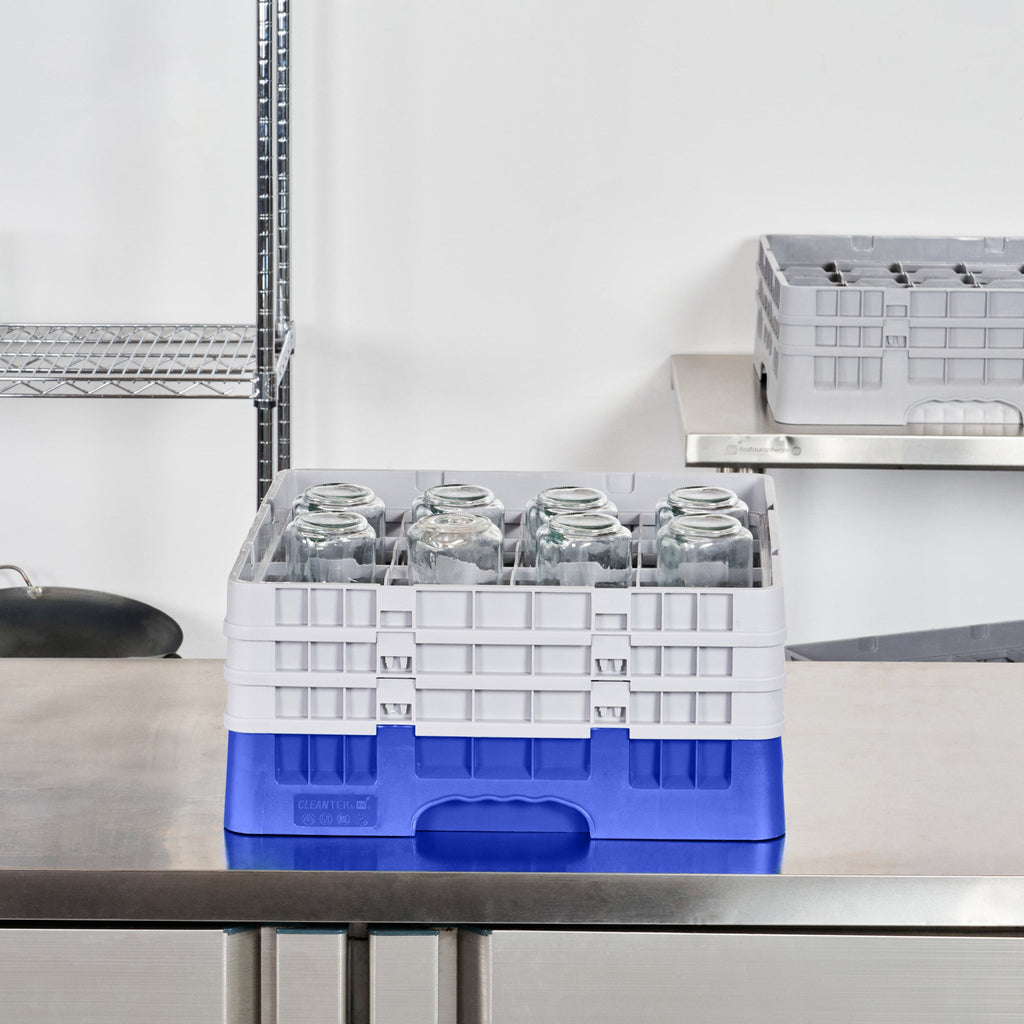 Clean Tek Professional Blue Glass Rack - 16 Compartments, 1 Full Drop and 2 Half Drop Extenders - 19 3/4" x 19 3/4" x 8 3/4" - 1 count box