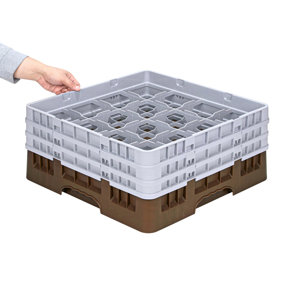 Clean Tek Professional Brown Glass Rack - 16 Compartments, 1 Full Drop and 2 Half Drop Extenders - 19 3/4" x 19 3/4" x 8 3/4" - 1 count box