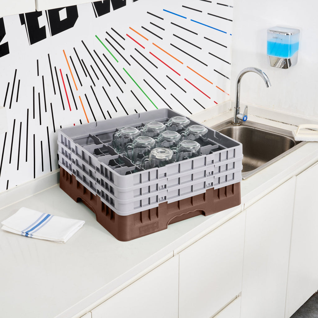 Clean Tek Professional Brown Glass Rack - 16 Compartments, 1 Full Drop and 2 Half Drop Extenders - 19 3/4" x 19 3/4" x 8 3/4" - 1 count box