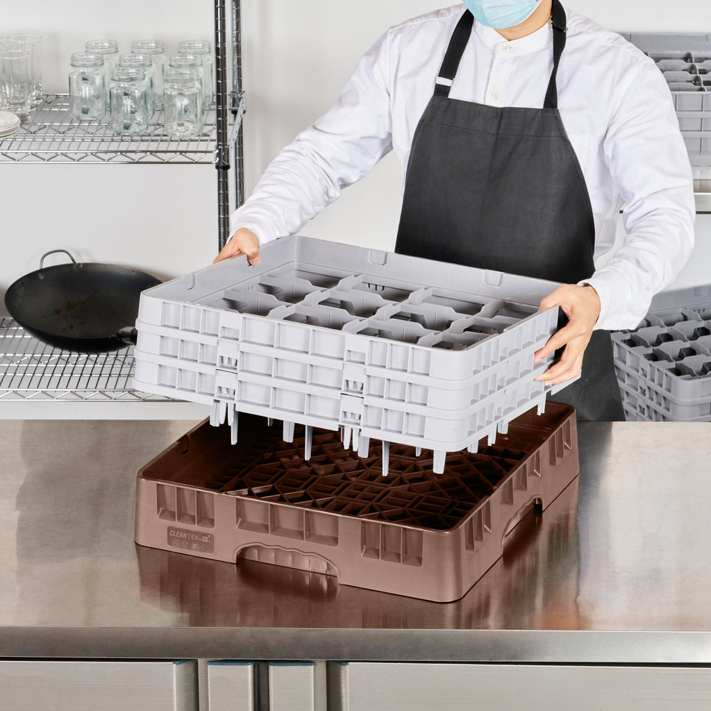 Clean Tek Professional Brown Glass Rack - 16 Compartments, 1 Full Drop and 2 Half Drop Extenders - 19 3/4" x 19 3/4" x 8 3/4" - 1 count box