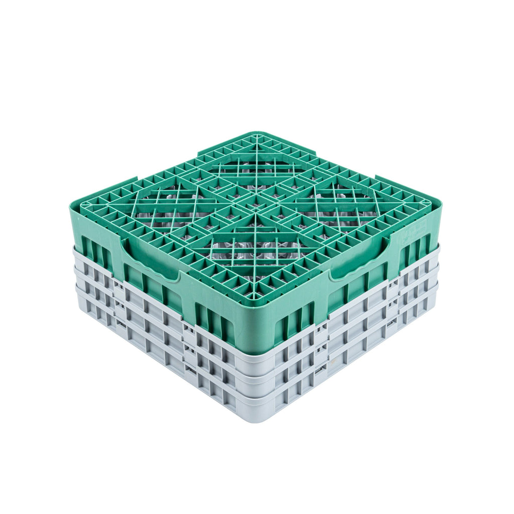 Clean Tek Professional Green Glass Rack - 16 Compartments, 1 Full Drop and 2 Half Drop Extenders - 19 3/4" x 19 3/4" x 8 3/4" - 1 count box