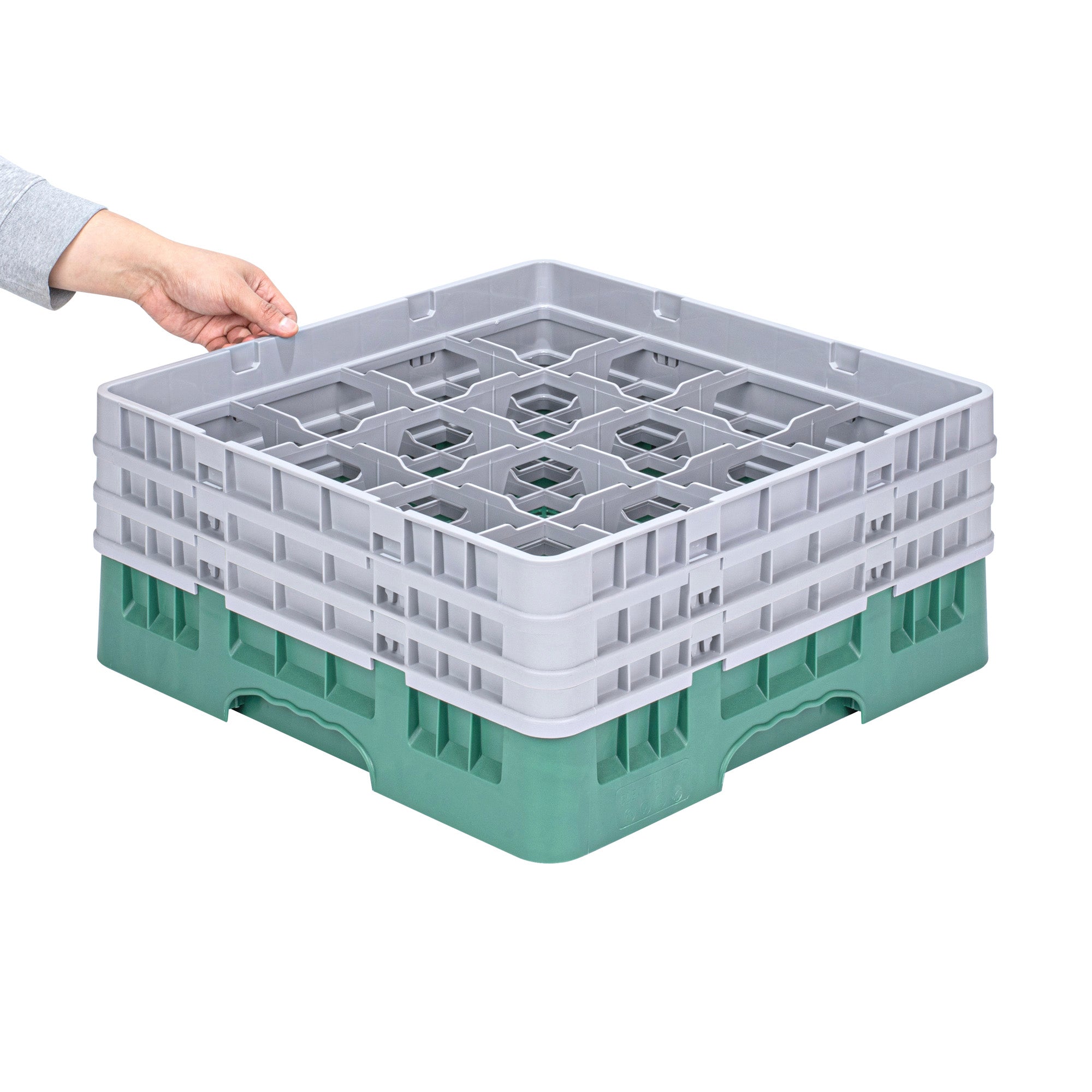 Clean Tek Professional Green Glass Rack - 16 Compartments, 1 Full Drop and 2 Half Drop Extenders - 19 3/4" x 19 3/4" x 8 3/4" - 1 count box