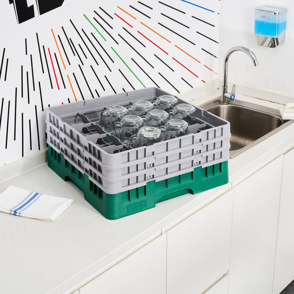 Clean Tek Professional Green Glass Rack - 16 Compartments, 1 Full Drop and 2 Half Drop Extenders - 19 3/4" x 19 3/4" x 8 3/4" - 1 count box