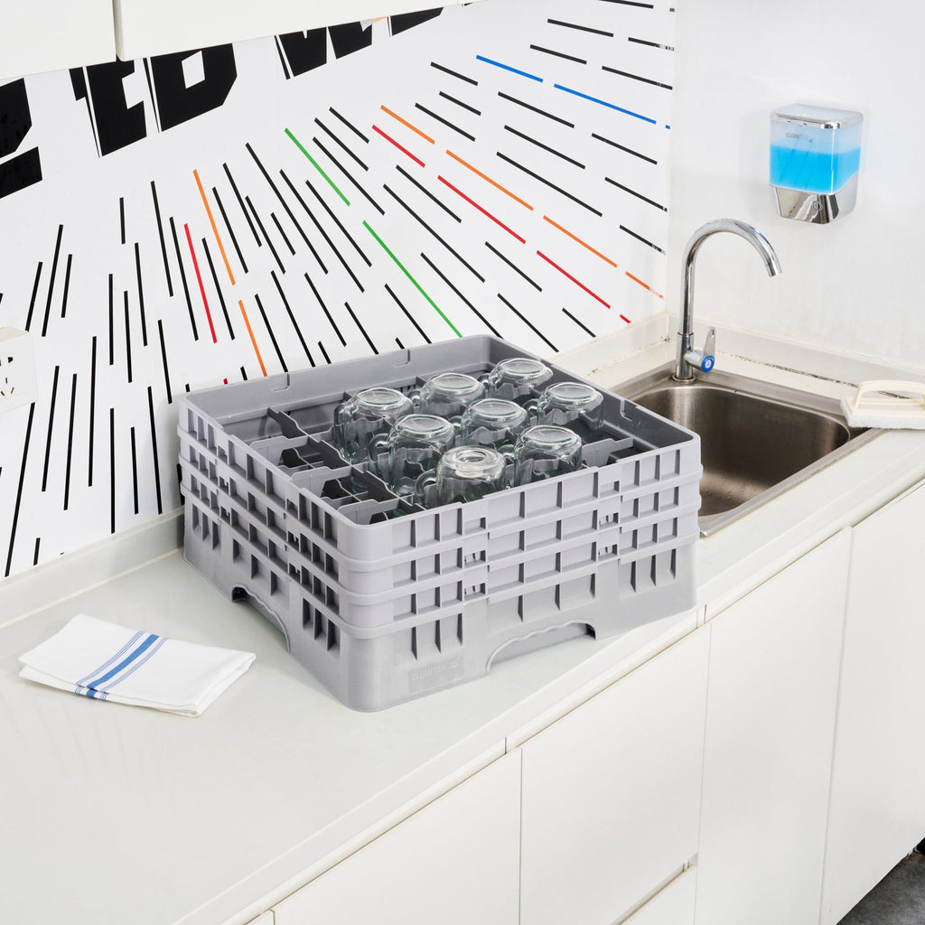 Clean Tek Professional Gray Glass Rack - 16 Compartments, 1 Full Drop and 2 Half Drop Extenders - 19 3/4" x 19 3/4" x 8 3/4" - 1 count box