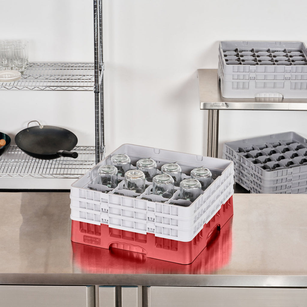 Clean Tek Professional Red Glass Rack - 16 Compartments, 1 Full Drop and 2 Half Drop Extenders - 19 3/4" x 19 3/4" x 8 3/4" - 1 count box