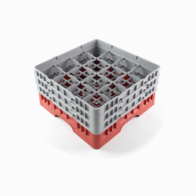 Clean Tek Professional Red Glass Rack - 16 Compartments, 1 Full Drop and 2 Half Drop Extenders - 19 3/4" x 19 3/4" x 8 3/4" - 1 count box