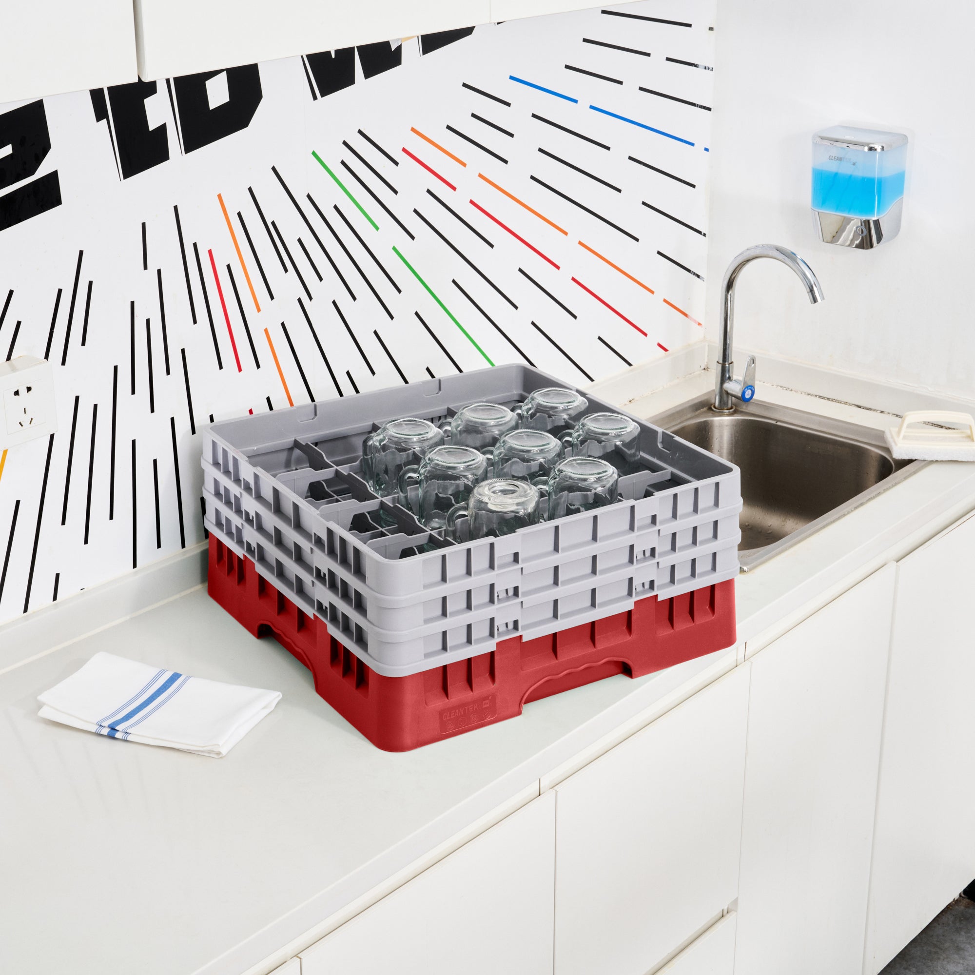 Clean Tek Professional Red Glass Rack - 16 Compartments, 1 Full Drop and 2 Half Drop Extenders - 19 3/4" x 19 3/4" x 8 3/4" - 1 count box