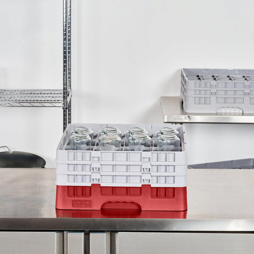 Clean Tek Professional Red Glass Rack - 16 Compartments, 1 Full Drop and 2 Half Drop Extenders - 19 3/4" x 19 3/4" x 8 3/4" - 1 count box