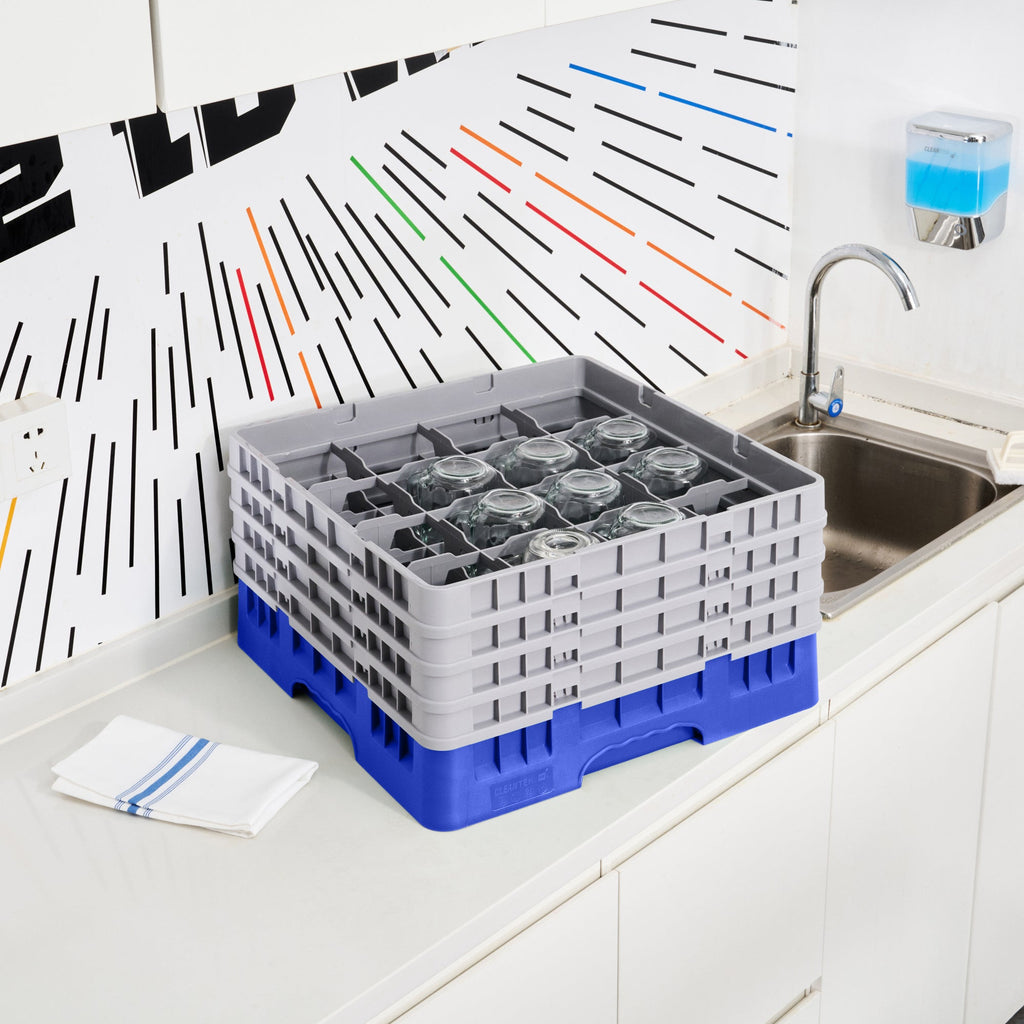 Clean Tek Professional Blue Glass Rack - 16 Compartments, 1 Full Drop and 3 Half Drop Extenders - 19 3/4" x 19 3/4" x 10 1/2" - 1 count box