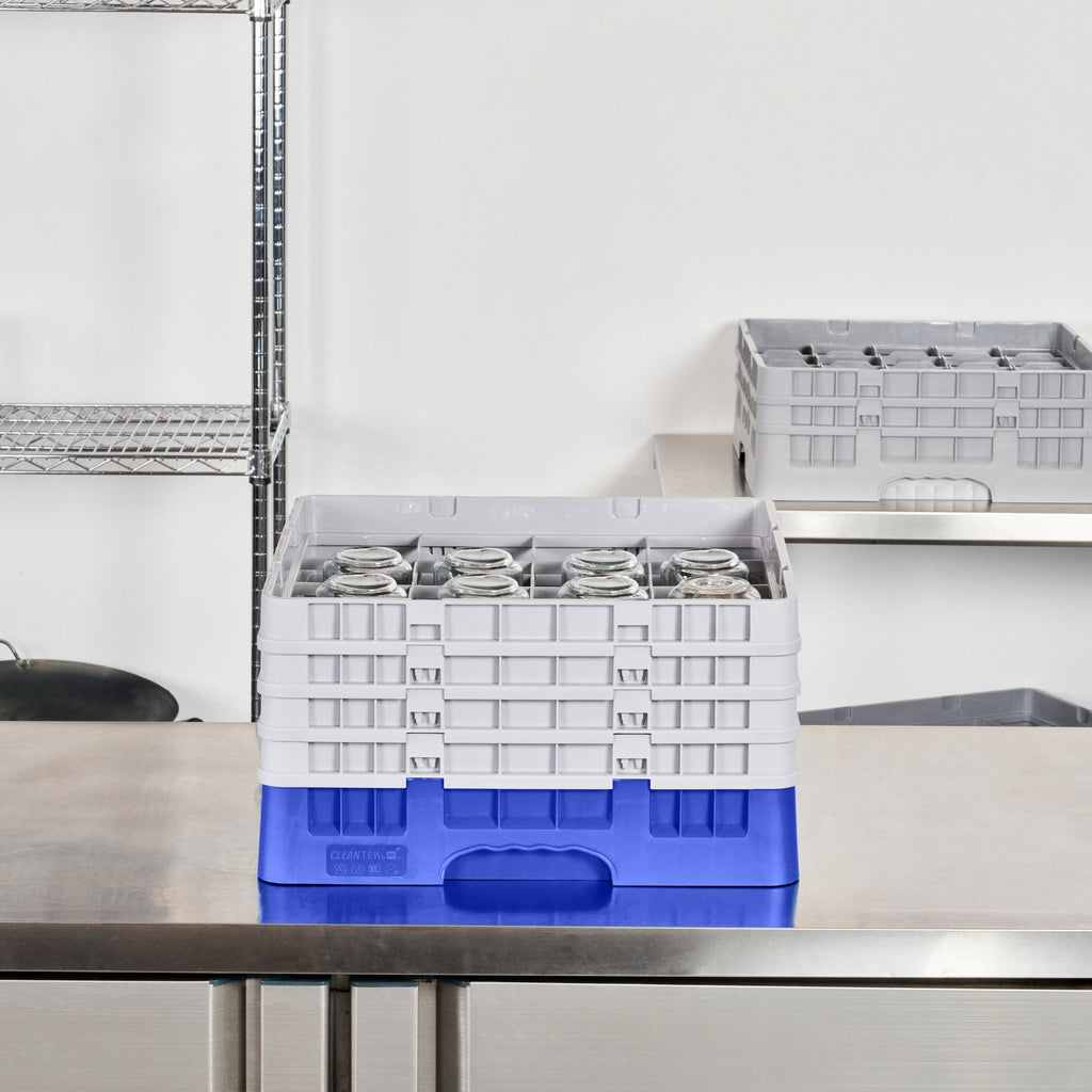 Clean Tek Professional Blue Glass Rack - 16 Compartments, 1 Full Drop and 3 Half Drop Extenders - 19 3/4" x 19 3/4" x 10 1/2" - 1 count box