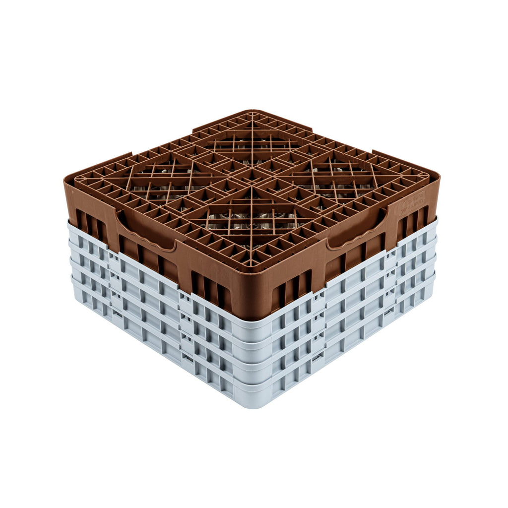 Clean Tek Professional Brown Glass Rack - 16 Compartments, 1 Full Drop and 3 Half Drop Extenders - 19 3/4" x 19 3/4" x 10 1/2" - 1 count box