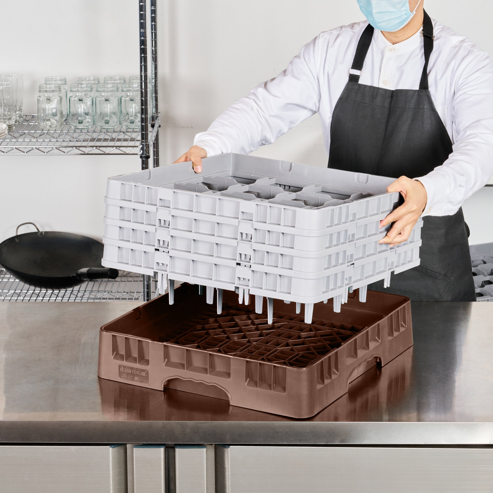 Clean Tek Professional Brown Glass Rack - 16 Compartments, 1 Full Drop and 3 Half Drop Extenders - 19 3/4" x 19 3/4" x 10 1/2" - 1 count box