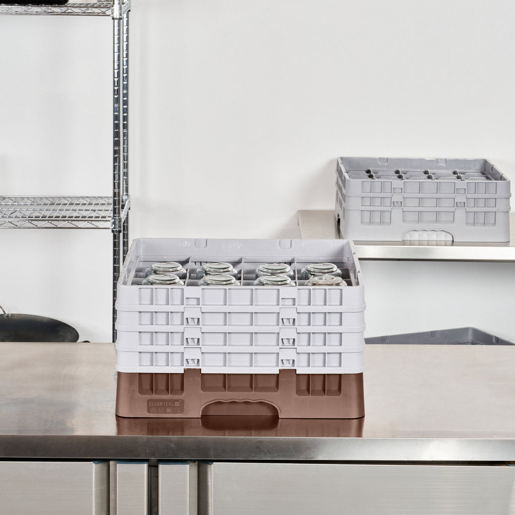 Clean Tek Professional Brown Glass Rack - 16 Compartments, 1 Full Drop and 3 Half Drop Extenders - 19 3/4" x 19 3/4" x 10 1/2" - 1 count box