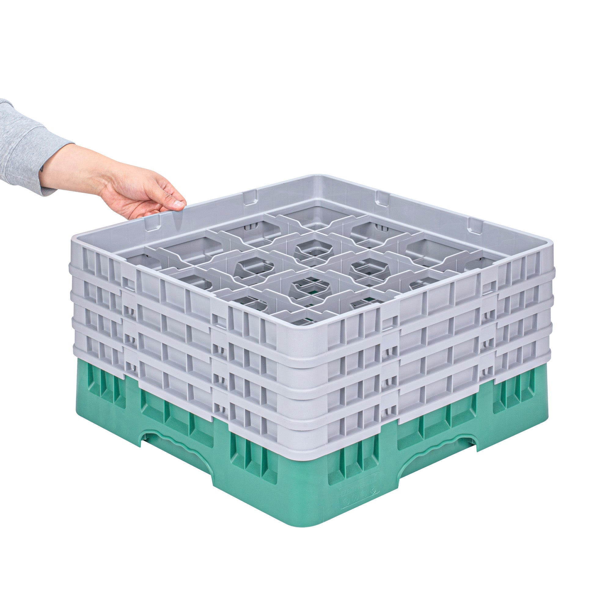 Clean Tek Professional Green Glass Rack - 16 Compartments, 1 Full Drop and 3 Half Drop Extenders - 19 3/4" x 19 3/4" x 10 1/2" - 1 count box