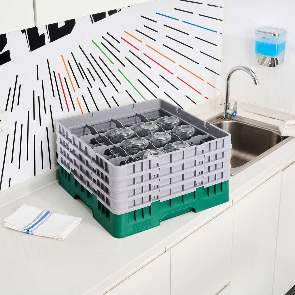 Clean Tek Professional Green Glass Rack - 16 Compartments, 1 Full Drop and 3 Half Drop Extenders - 19 3/4" x 19 3/4" x 10 1/2" - 1 count box