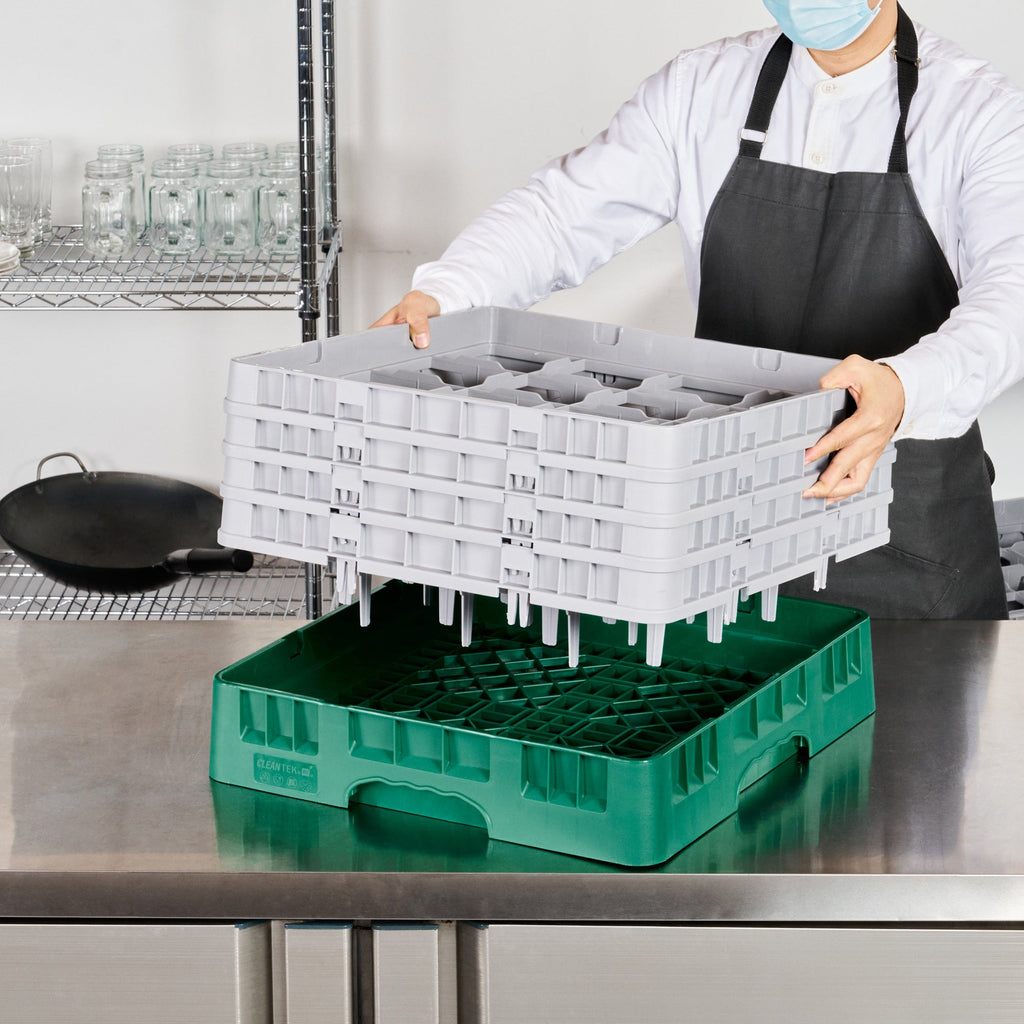 Clean Tek Professional Green Glass Rack - 16 Compartments, 1 Full Drop and 3 Half Drop Extenders - 19 3/4" x 19 3/4" x 10 1/2" - 1 count box