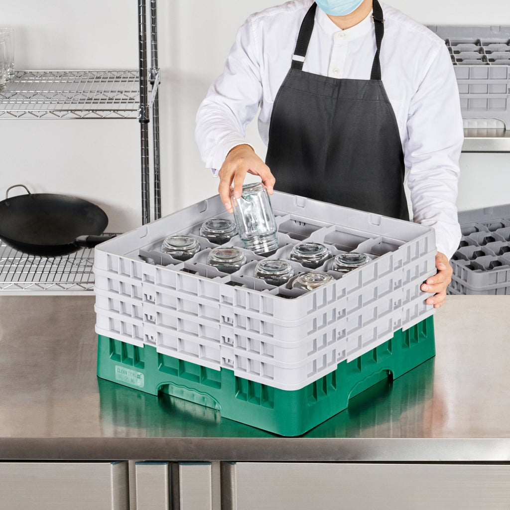 Clean Tek Professional Green Glass Rack - 16 Compartments, 1 Full Drop and 3 Half Drop Extenders - 19 3/4" x 19 3/4" x 10 1/2" - 1 count box
