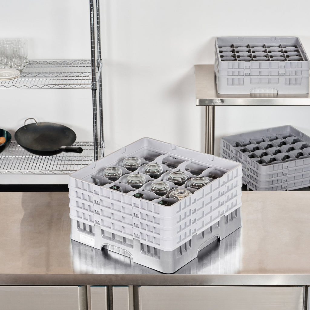Clean Tek Professional Gray Glass Rack - 16 Compartments, 1 Full Drop and 3 Half Drop Extenders - 19 3/4" x 19 3/4" x 10 1/2" - 1 count box