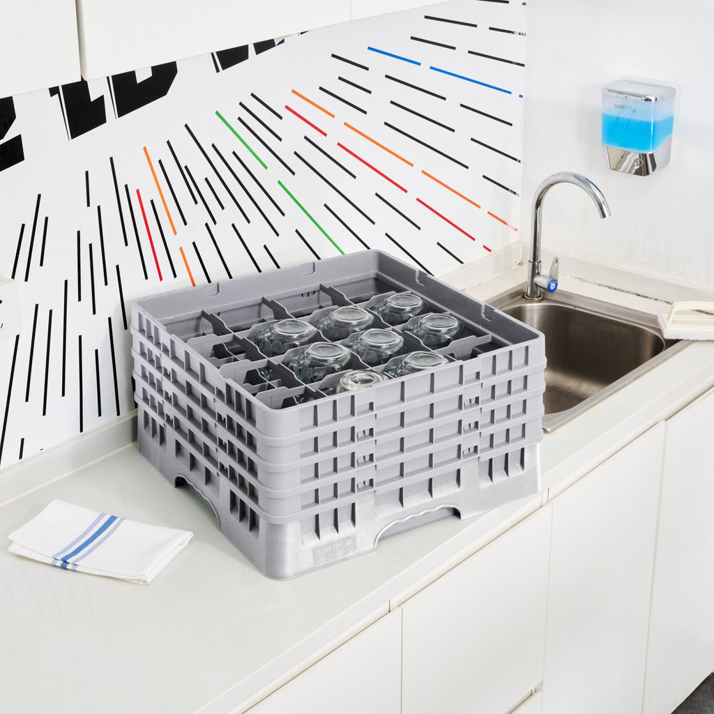 Clean Tek Professional Gray Glass Rack - 16 Compartments, 1 Full Drop and 3 Half Drop Extenders - 19 3/4" x 19 3/4" x 10 1/2" - 1 count box