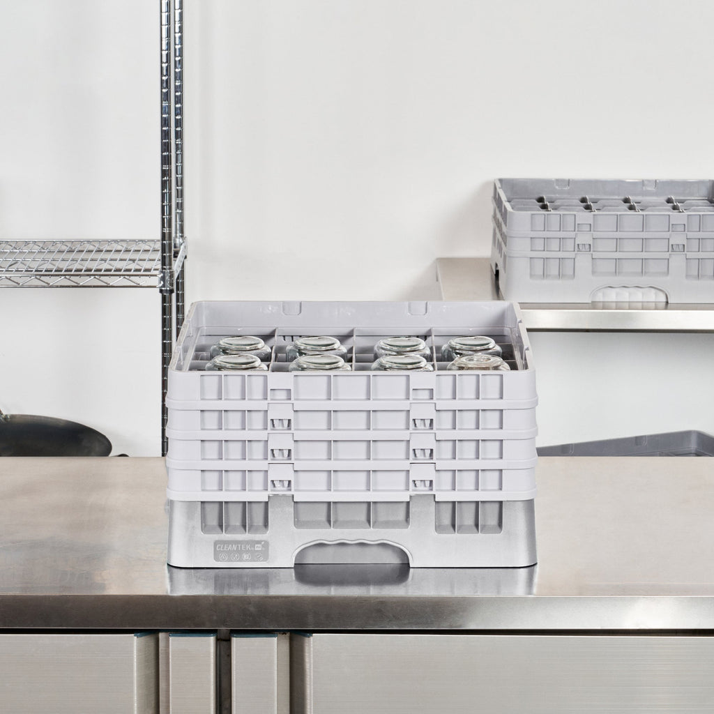 Clean Tek Professional Gray Glass Rack - 16 Compartments, 1 Full Drop and 3 Half Drop Extenders - 19 3/4" x 19 3/4" x 10 1/2" - 1 count box