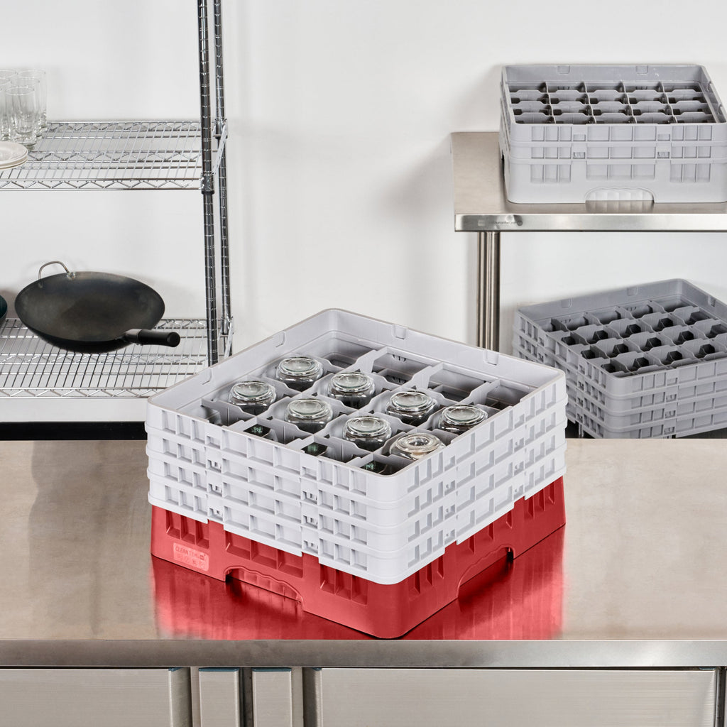 Clean Tek Professional Red Glass Rack - 16 Compartments, 1 Full Drop and 3 Half Drop Extenders - 19 3/4" x 19 3/4" x 10 1/2" - 1 count box
