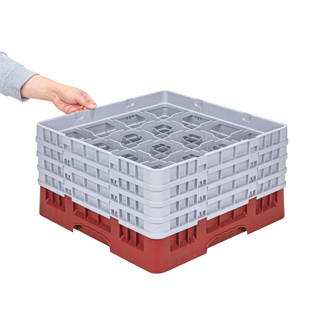 Clean Tek Professional Red Glass Rack - 16 Compartments, 1 Full Drop and 3 Half Drop Extenders - 19 3/4" x 19 3/4" x 10 1/2" - 1 count box