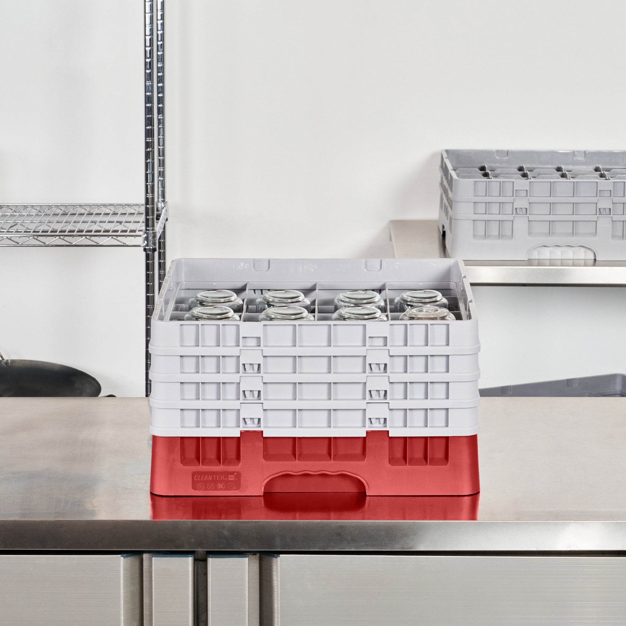 Clean Tek Professional Red Glass Rack - 16 Compartments, 1 Full Drop and 3 Half Drop Extenders - 19 3/4" x 19 3/4" x 10 1/2" - 1 count box