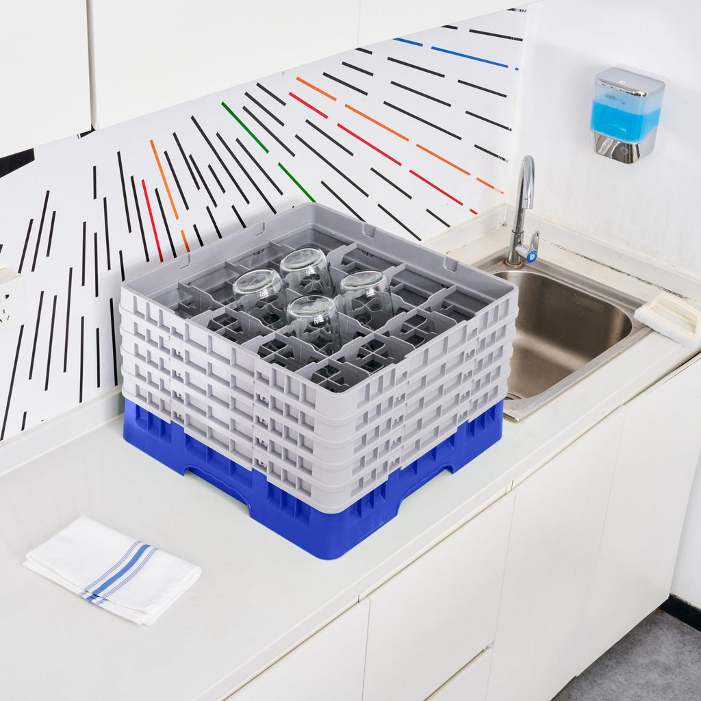 Clean Tek Professional Blue Glass Rack - 16 Compartments, 1 Full Drop and 4 Half Drop Extenders - 19 3/4" x 19 3/4" x 12 1/4" - 1 count box