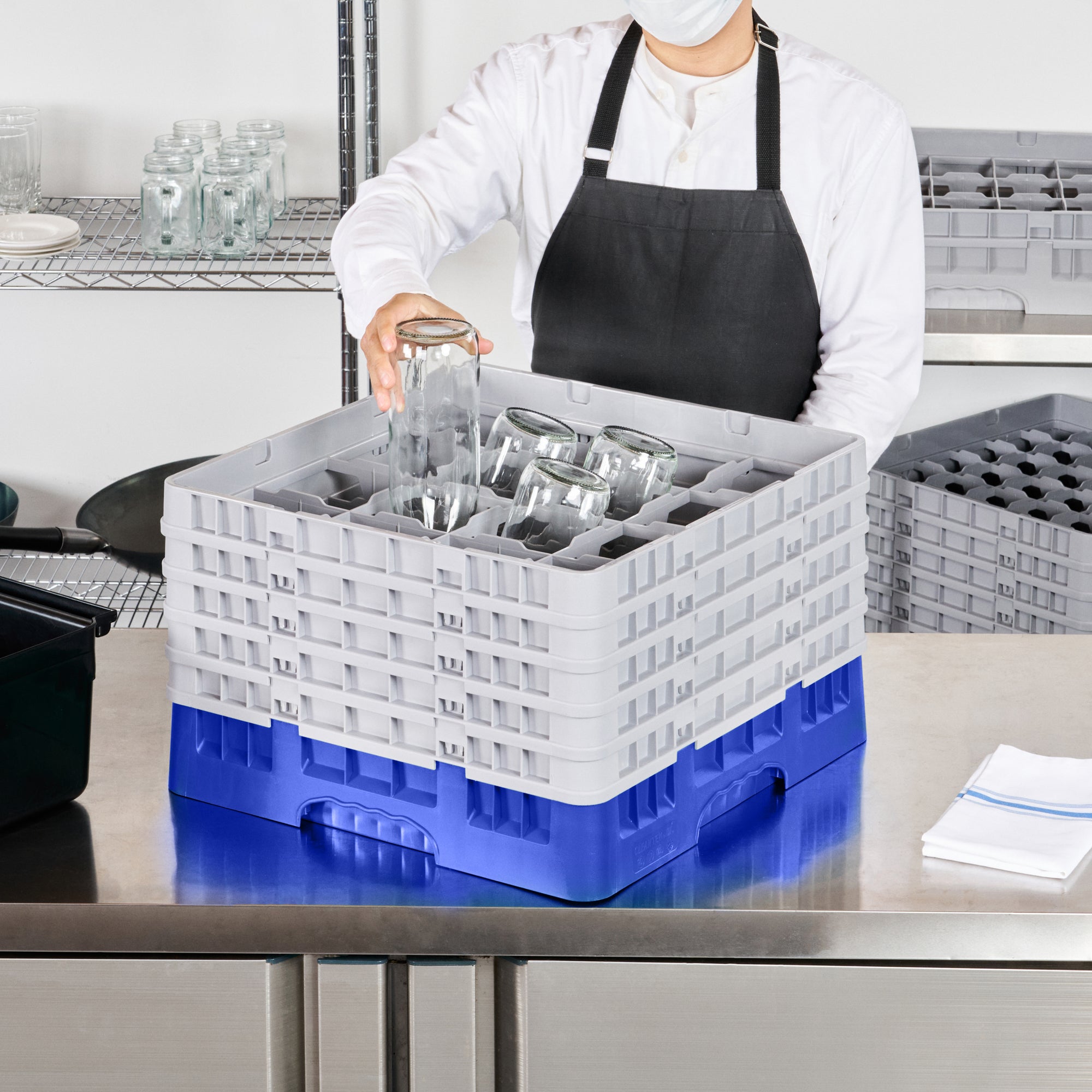 Clean Tek Professional Blue Glass Rack - 16 Compartments, 1 Full Drop and 4 Half Drop Extenders - 19 3/4" x 19 3/4" x 12 1/4" - 1 count box