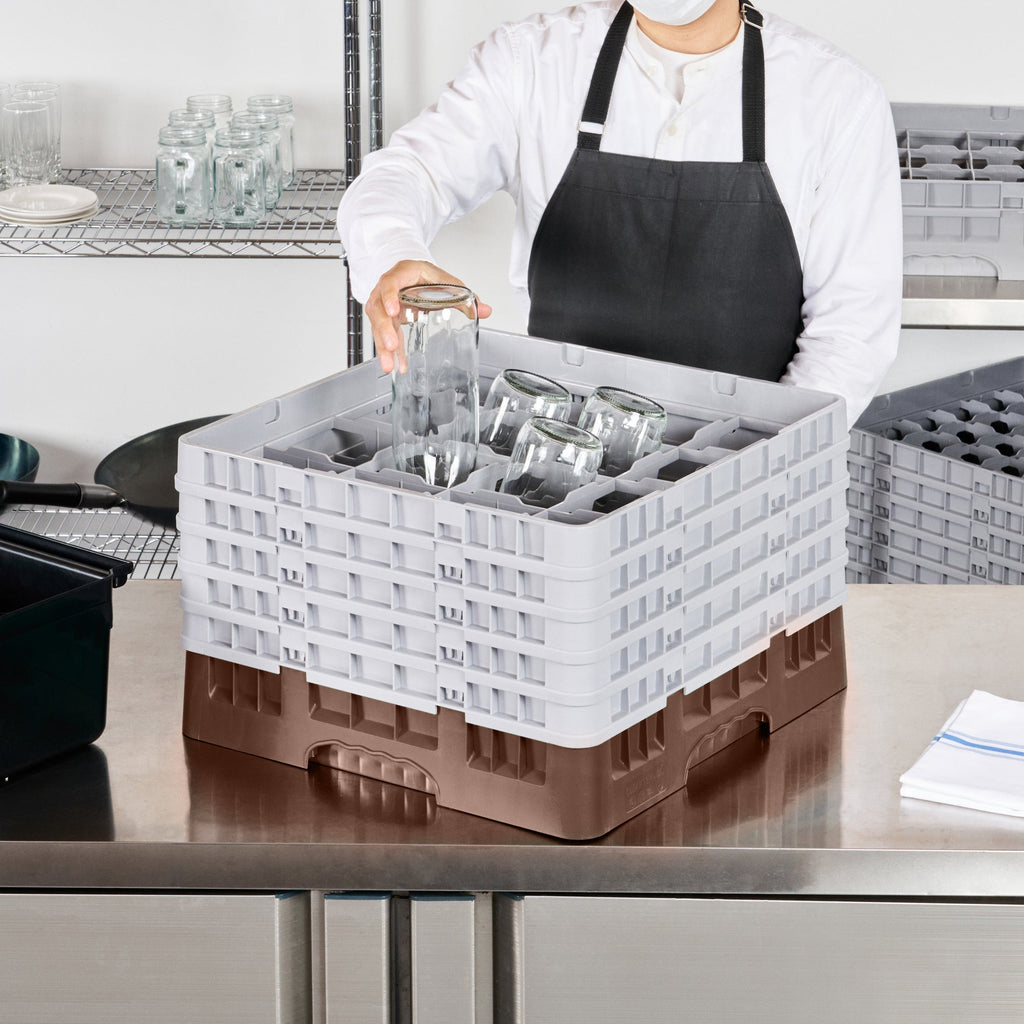 Clean Tek Professional Brown Glass Rack - 16 Compartments, 1 Full Drop and 4 Half Drop Extenders - 19 3/4" x 19 3/4" x 12 1/4" - 1 count box