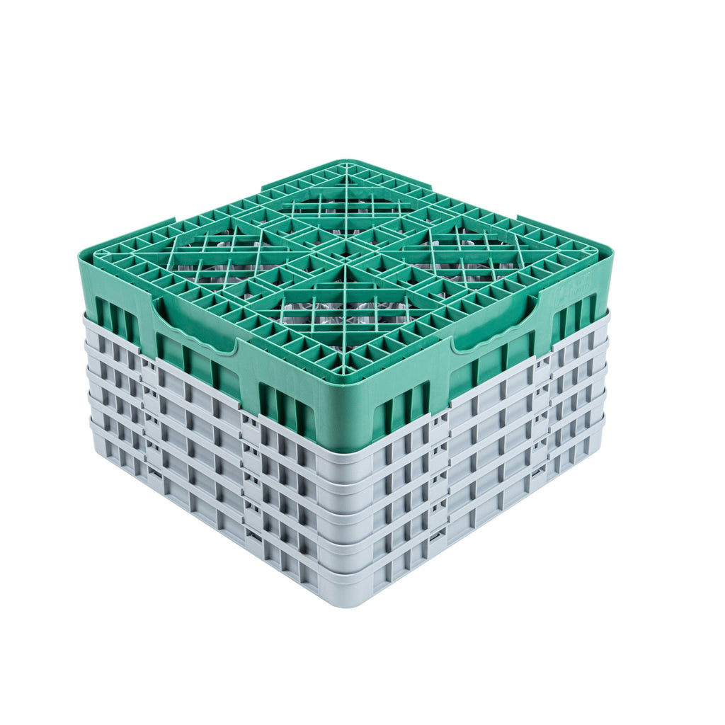 Clean Tek Professional Green Glass Rack - 16 Compartments, 1 Full Drop and 4 Half Drop Extenders - 19 3/4" x 19 3/4" x 12 1/4" - 1 count box