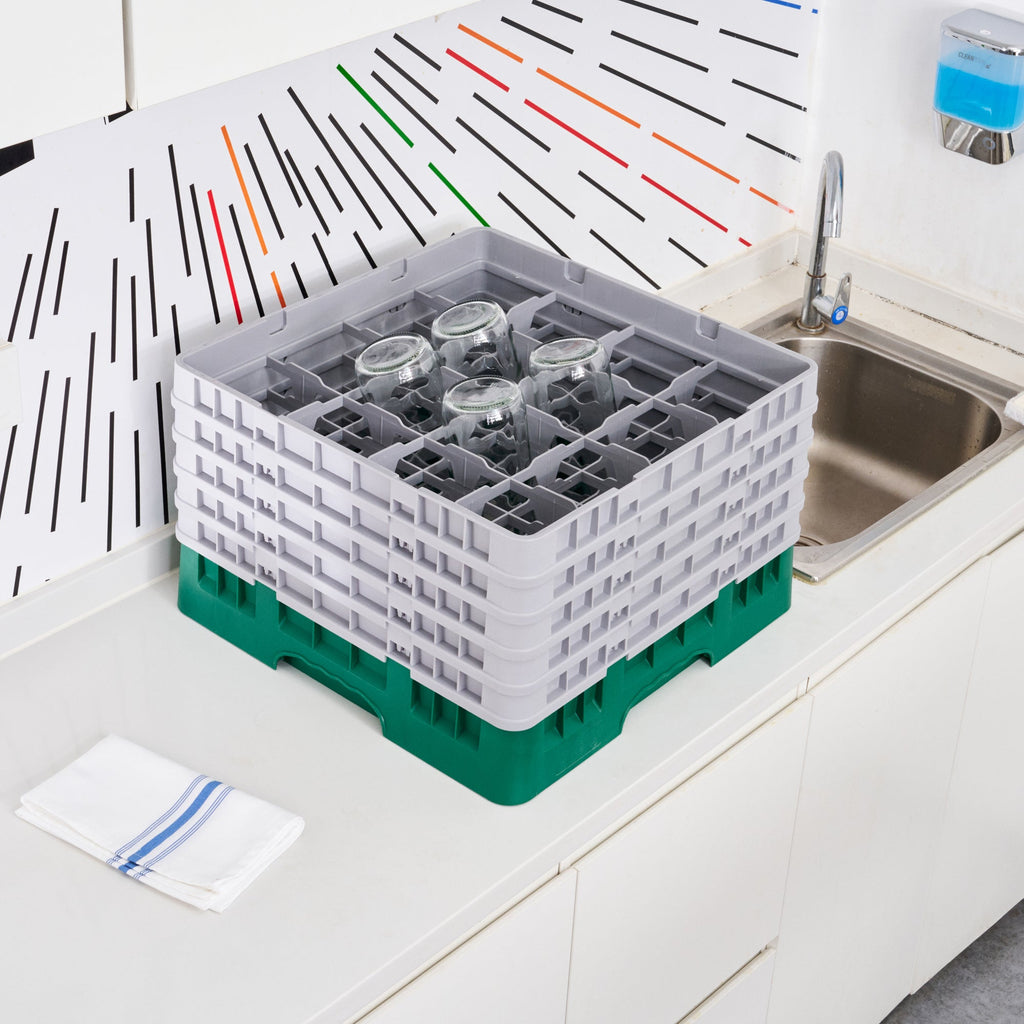 Clean Tek Professional Green Glass Rack - 16 Compartments, 1 Full Drop and 4 Half Drop Extenders - 19 3/4" x 19 3/4" x 12 1/4" - 1 count box