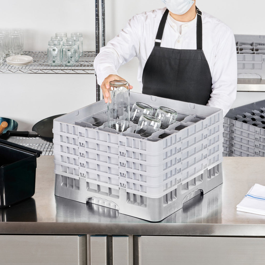 Clean Tek Professional Gray Glass Rack - 16 Compartments, 1 Full Drop and 4 Half Drop Extenders - 19 3/4" x 19 3/4" x 12 1/4" - 1 count box