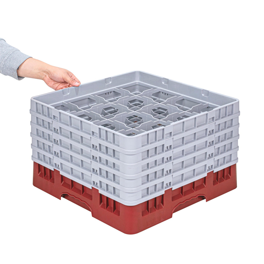 Clean Tek Professional Red Glass Rack - 16 Compartments, 1 Full Drop and 4 Half Drop Extenders - 19 3/4" x 19 3/4" x 12 1/4" - 1 count box