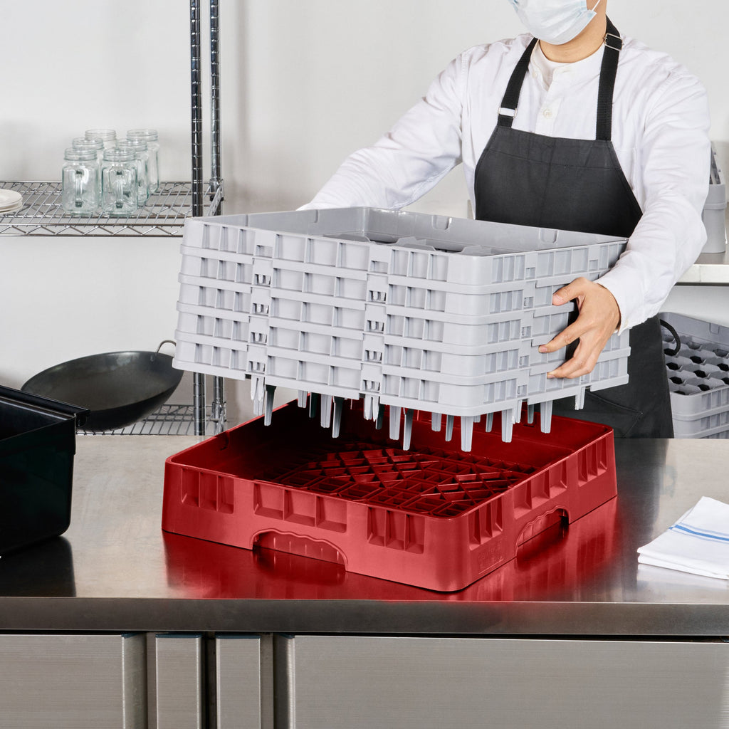 Clean Tek Professional Red Glass Rack - 16 Compartments, 1 Full Drop and 4 Half Drop Extenders - 19 3/4" x 19 3/4" x 12 1/4" - 1 count box