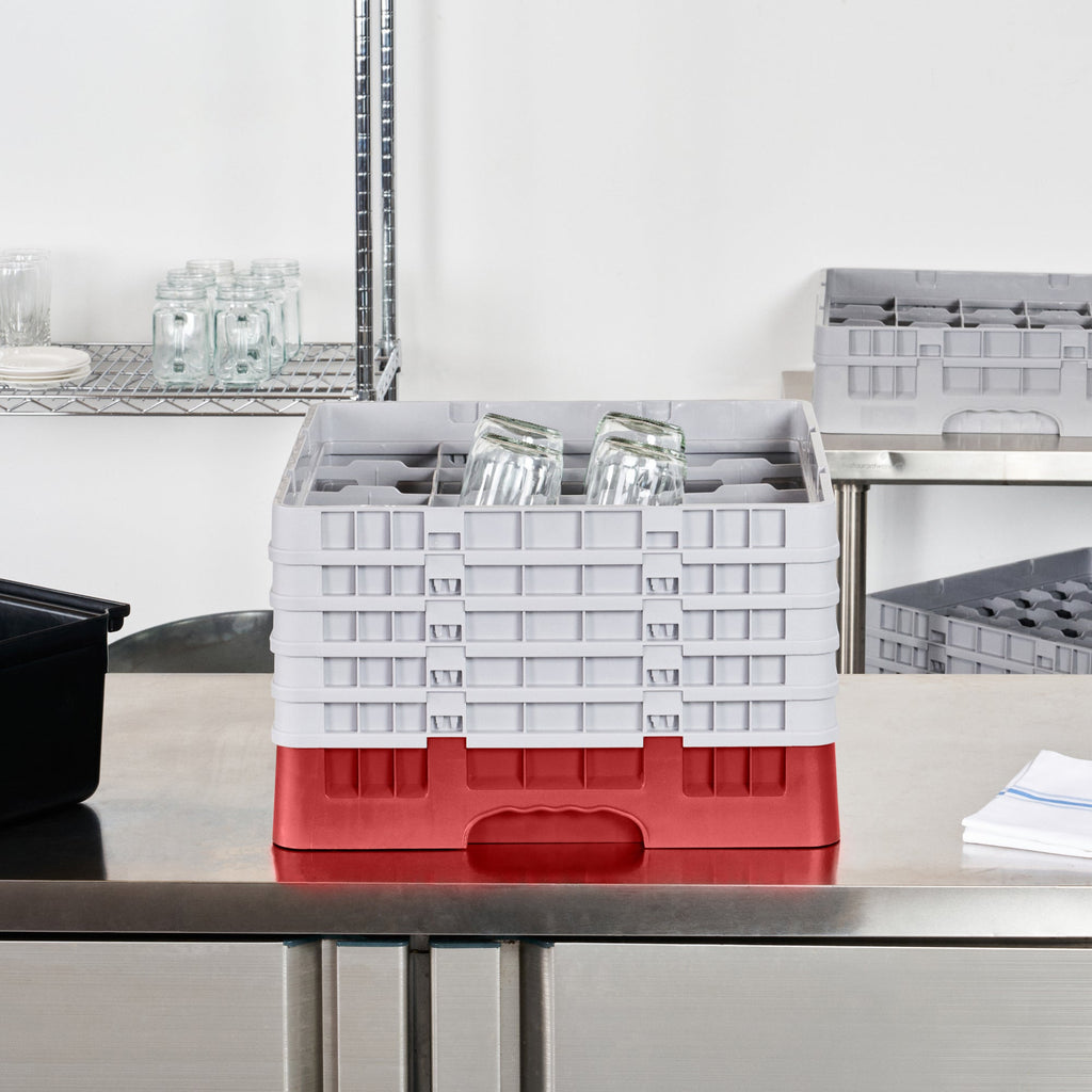 Clean Tek Professional Red Glass Rack - 16 Compartments, 1 Full Drop and 4 Half Drop Extenders - 19 3/4" x 19 3/4" x 12 1/4" - 1 count box